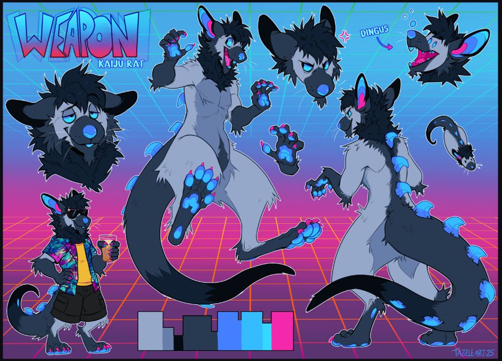 a refsheet commission of a monsterously spikey rat, with scruffy neck fur and a long thick tail. He is a blue-grey colour with glowing blue spines, pawpads and nose, and magenta claws. The background is very synthwave because that's eternally cool.