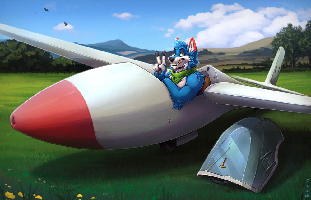 a blue and white wolf posing in his glider in a grassy meadow, rolling hills and fields can be seen in the distance.