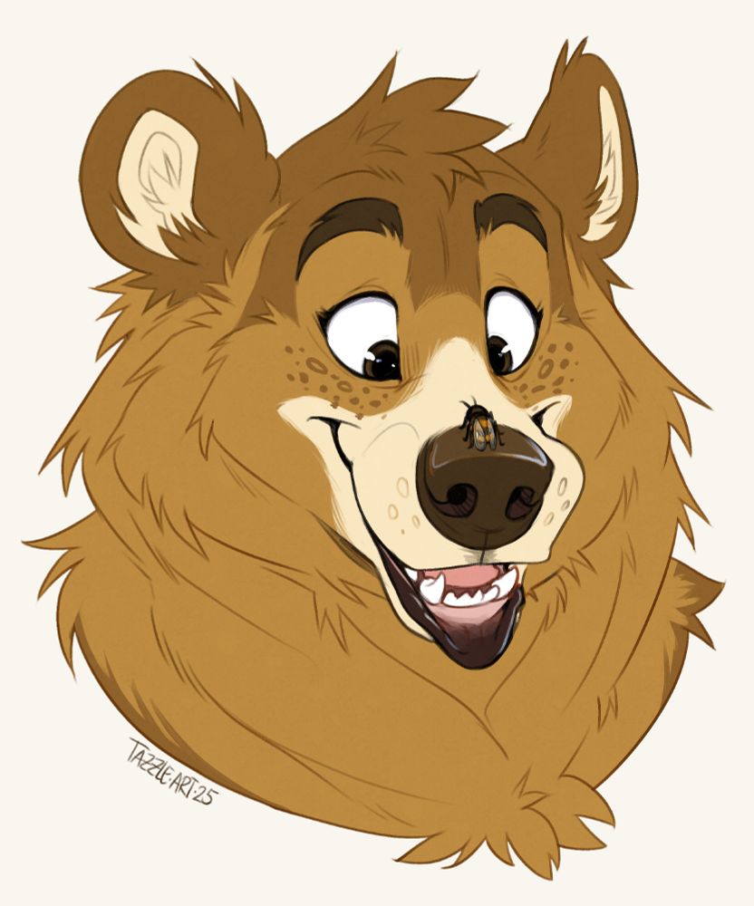 an adorable brown bear looking down at a bumblebee perched on the end of her nose.