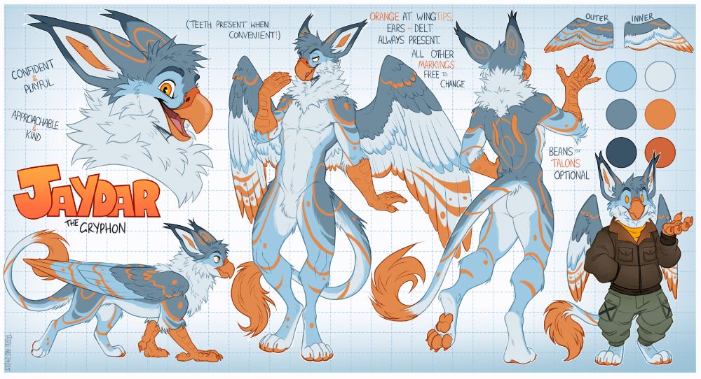 a refsheet of a grey and white gryphon with orange accents, his markings have a radar theme. 
