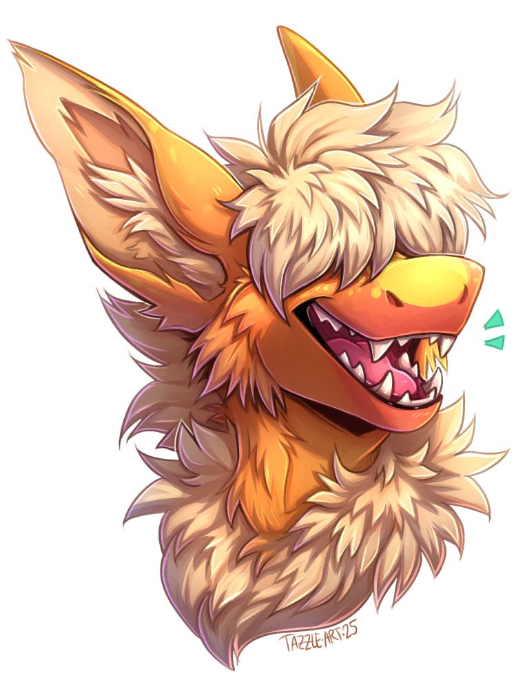 a smiling fluffy orange dragon with fur over his eyes