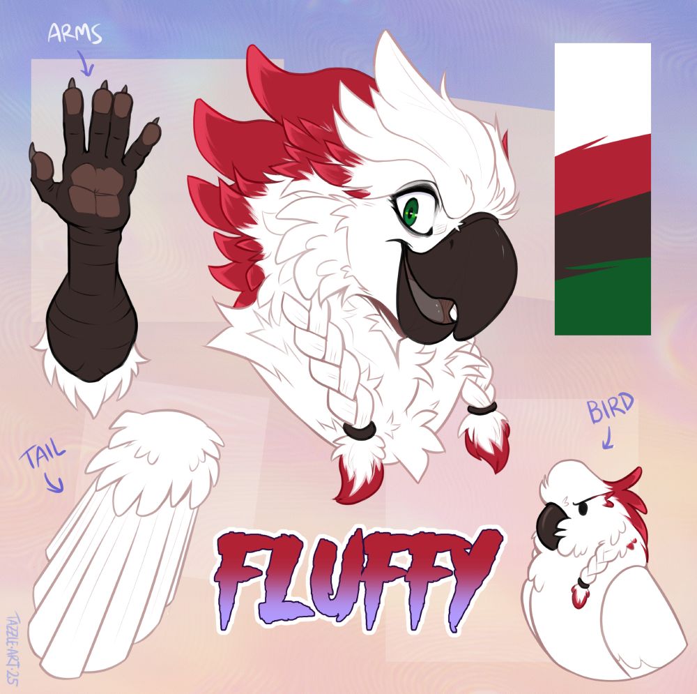 A mini-refsheet, featuring the essential parrot components needed to make a partial: head, arms, tail. He is a salmon-crested cockatoo named Fluffy. 
