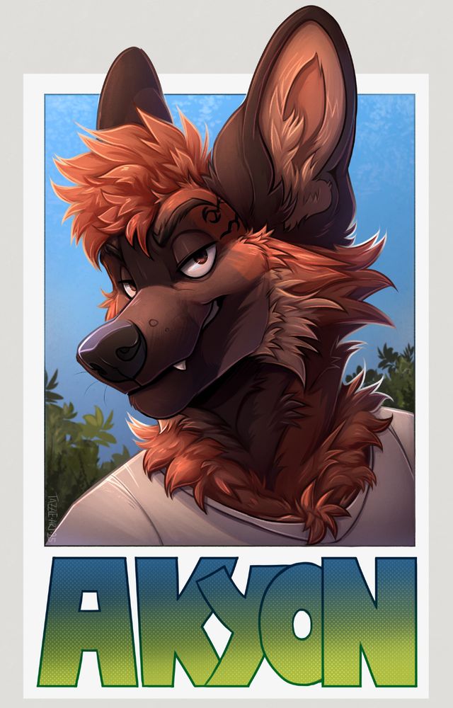 an anthro maned wolf with large ears, a black lightning-like marking on his temple, and a tuft of bright red hair. He is framed by a simple white border and the name underneath reads "Akyon"