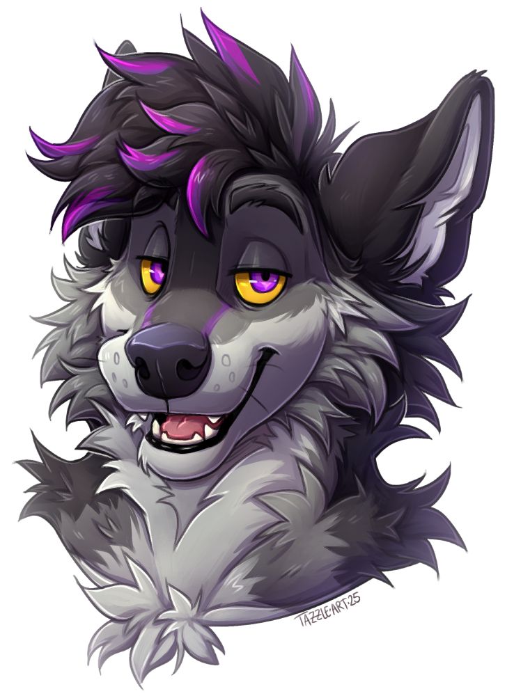 a chill looking anthro wolf with yellow/purple eyes and purple streaks in his hair