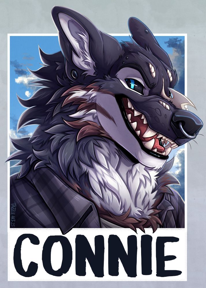 an anthro wolf with bone fragments showing through his fur, he is wearing a grey checkered shirt and is set against a cloudy sky background