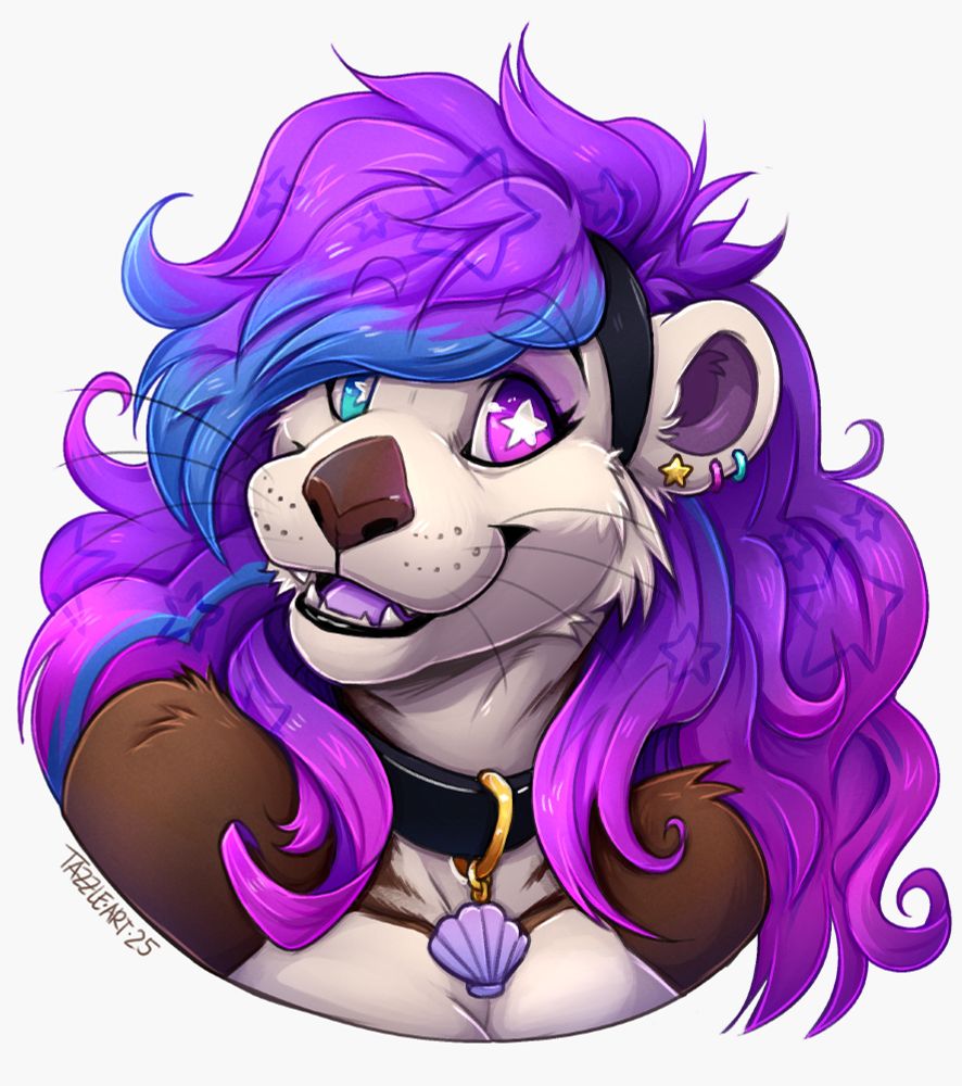 an anthro sea otter with beautiful purple hair with pink and blue highlights. She is wearing a collar with a seashell tag.