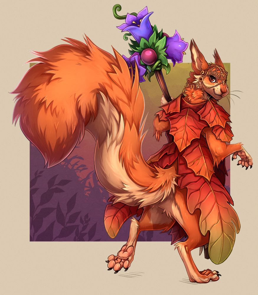 an anthro red squirrel wearing a cloak made of autumn leaves, she is walking away from the viewer and is holding a staff adorned with purple flowers and berries.