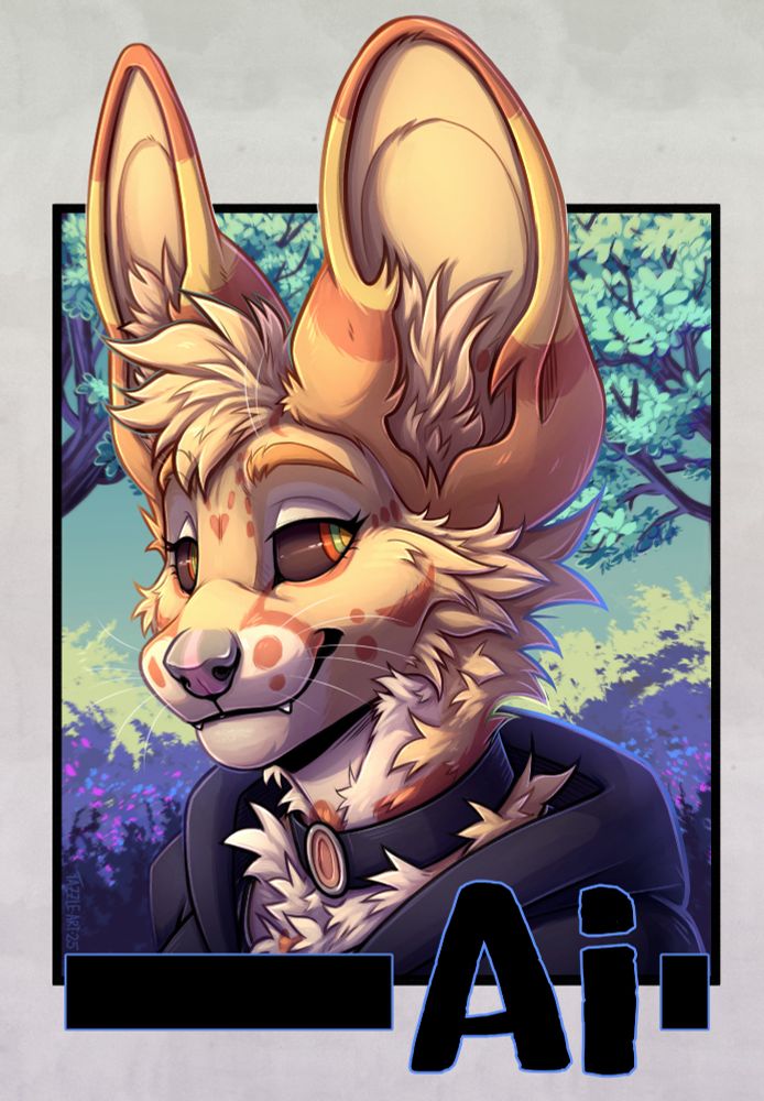 an anthro serval headshot badge, she has orange and yellow fur and is wearing a black hoodie with a matching collar. The background is purple and green woodland.