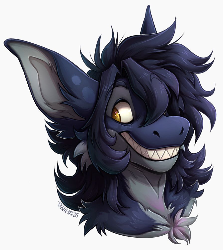 a cute fluffy navy blue shark grinning and showing their teeth
