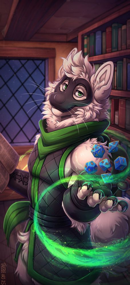 a fluffy samoyed rogue magically tossing some tabletop dice in your direction, a green swoosh of magical energy coming towards you. He is in a cosy nook with a window and large bookshelf behind him.