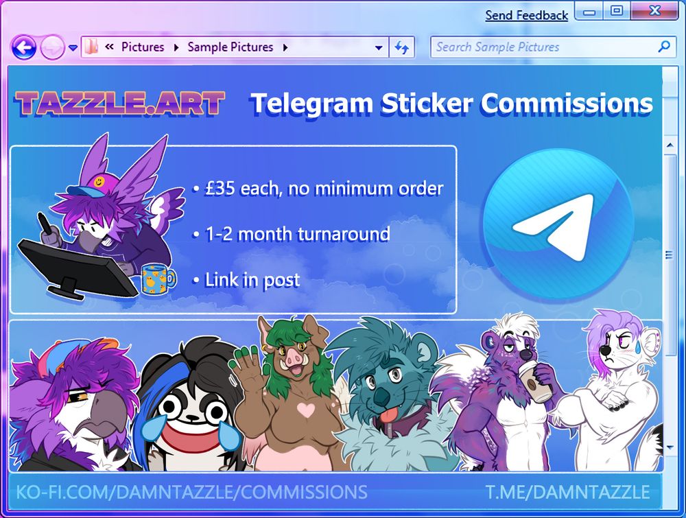 a frutiger aero inspired graphic advertising my telegram sticker commissions, featuring various sticker examples set against a blue sky. link in the above post :)