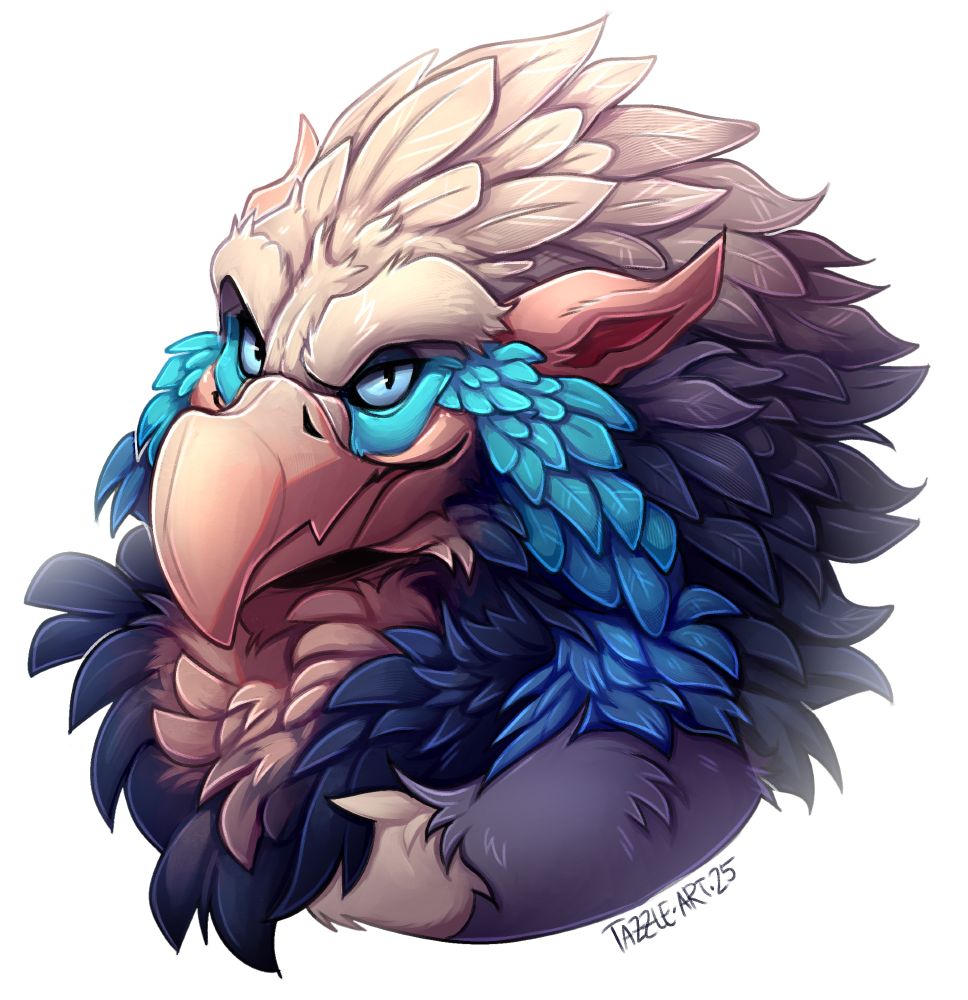 an anthro gryphon with lots of feathers, including bright blue feathers leading down from their eyes