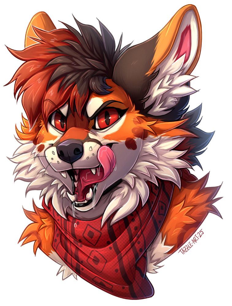 a fluffy, hungry-looking red fox wearing a red bandana and licking her chops while looking at the viewer