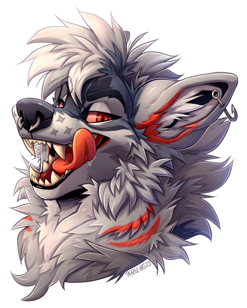 a headshot of an anthro wolf showing off his toothy maw and licking his chops