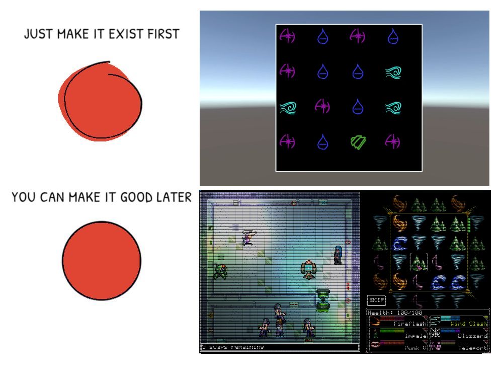 Drawing of a crude circle captioned "Just make it exist first", next to a very early screenshot of Torment Hexus, which is just a match-3 grid with doodled tokens.
Below it is a drawing of a perfect circle captioned "You can make it good later", next to a screenshot of the modern version of the game.