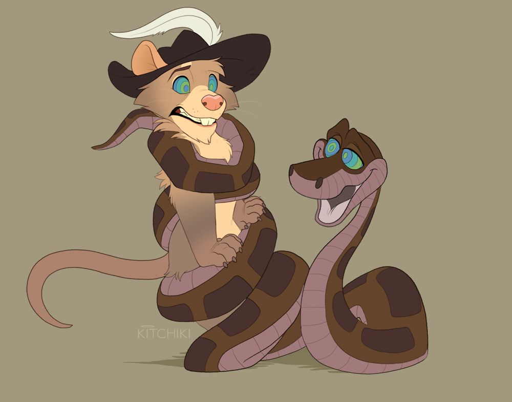 My mouse character Filigree being coiled by Kaa, the snake. Kaa has hypnotized Filigree in the process.