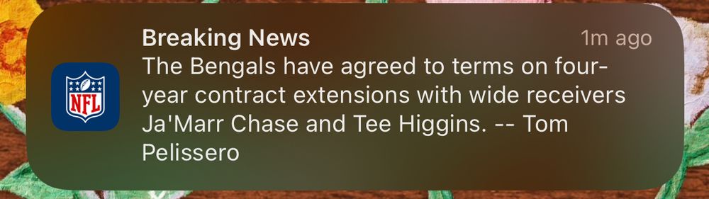 “The Bengals have agreed to terms on four-year contract extensions with wide receivers Ja’Marr Chase and Tee Higgins — Tom Pelissero” 