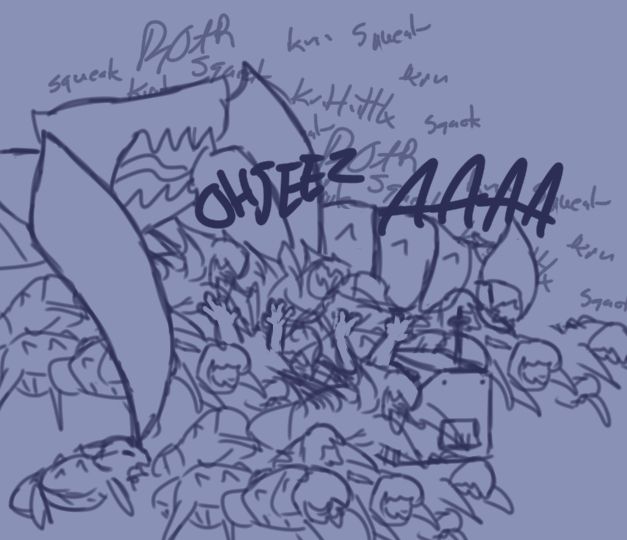 There is a Sudden Chaos full of terminid babies (the scavengers) and terminied assholes (hunters) and a charger (non-anthro version) and a bootleg bile titan running over the two helldivers and the console and everything as they're still chasing the helldiver terminid. Both of them with only their hands visible, screaming "OH JEEZ AAAA"