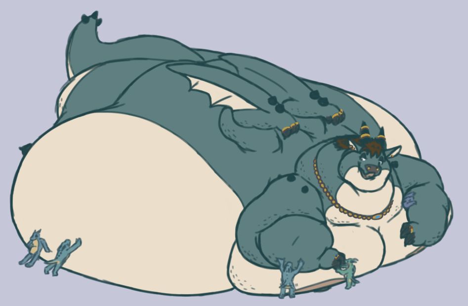 A fat green and cream dragon so obese he is beached by his own massive belly. A few little kobolds are caring for him while he's just chilling like any fat dragon would.