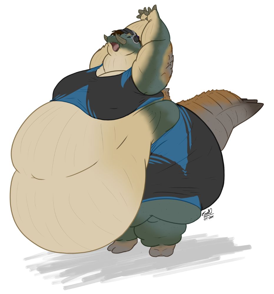 A large, massively bellied Jhen Mohran wearing some black and blue tank top and shorts, stretching and yawning.