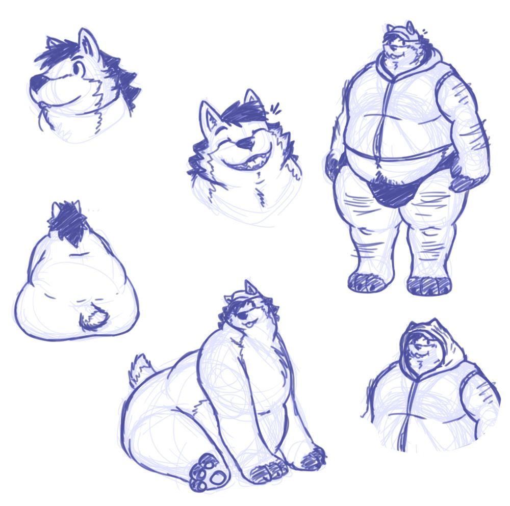 Several sketches of a fat polar bearwoof, smiling, wearing a hoodie and speedo, being a quad with a hat, and a Angy Cri Dont Speak pose
