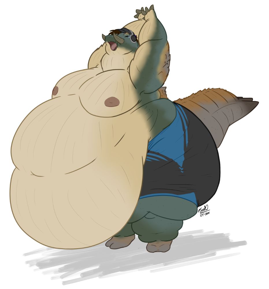 A large, massively bellied Jhen Mohran wearing black and blue shorts, stretching and yawning, moobs out.