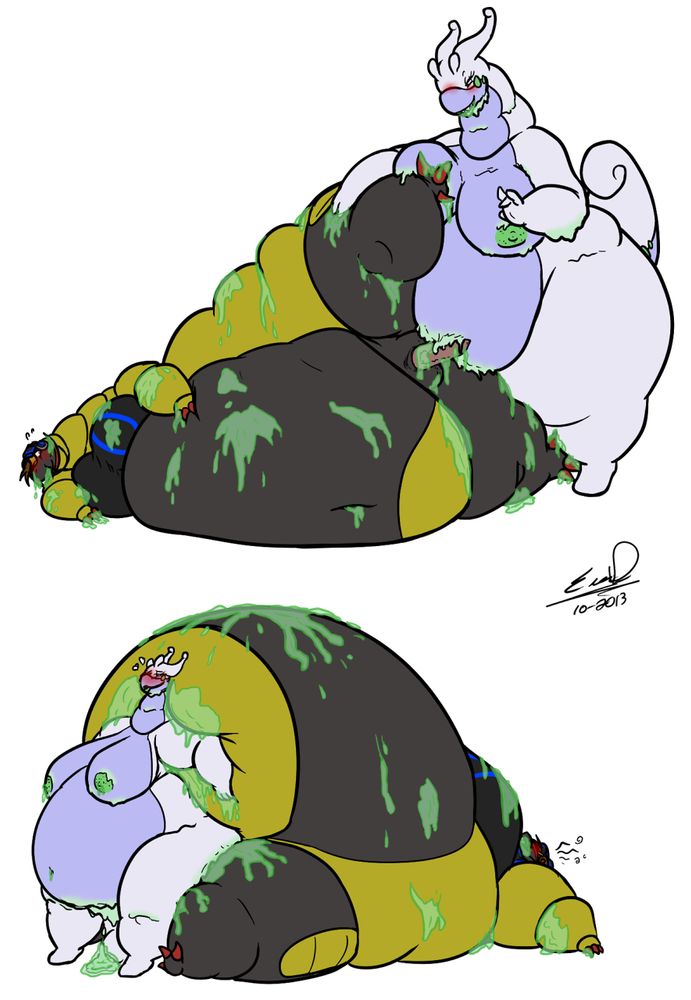 Final two images of the sequence, one with the haxorus' dick pressed on the goodra's belly who looks ready to bully his immobile ass, and the final image of the haxorus on his back, pinned by his own belly mountain, while the goodra leans back onto the underbelly, hornily satisfied by her work.