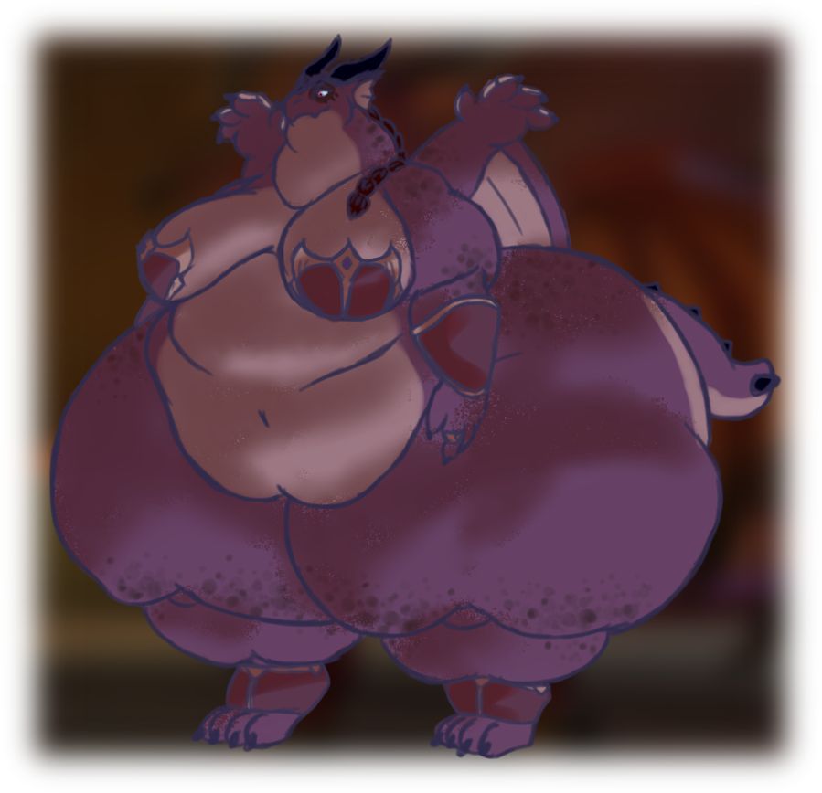 A massive, obese purple dracthyr under red light, at a low light angle, with thighs so fat they could crush about twelve large melons, all at once.