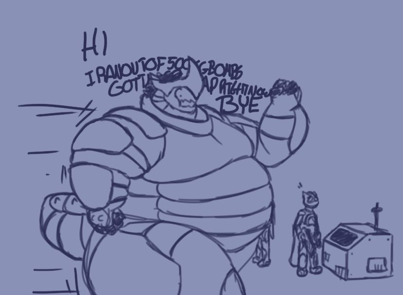 A large anthro behemoth charger (who is also a heckdiver), charging at high speed next to the two helldivers, running away from something, yelling at them erratically. "HIIRANOUTOF500KGBOMBSGOTTARUNTHEMAPRIGHTNOWBYE"