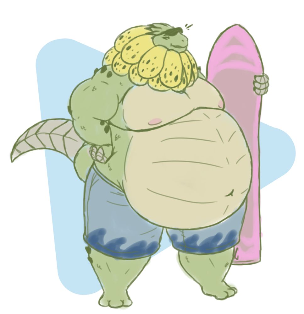 A large and fat royal ludroth with a big belly, holding a surfboard, posing proudly.
