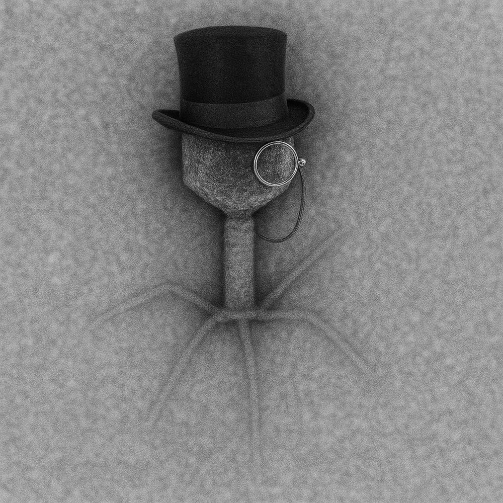 TEM of a phage with a top hat and a monocle. AI-generated