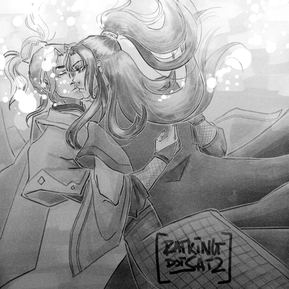 grayscale digital illustration of fengqing kissing underwater like in the tgcf English print volume 3