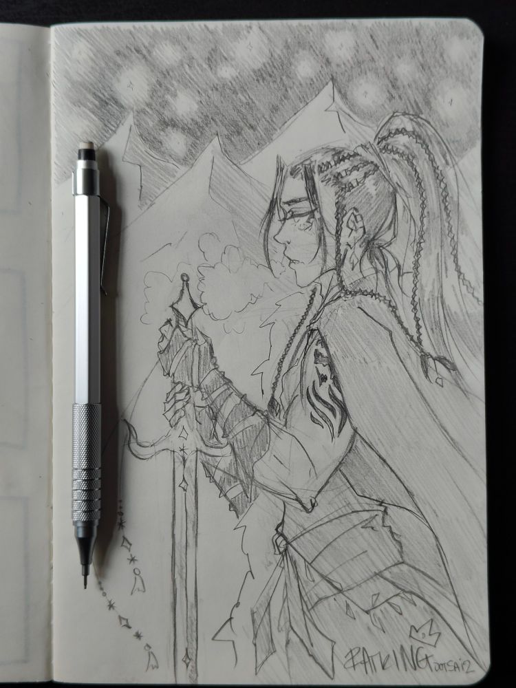 pencil sketch of lang junxia from joyful reunion, he's standing on the side holding his sword qingfeng pointing downwards, in the background are the xianbei mountains and a starry sky (yes, that same brilliant starry sky from the letter)