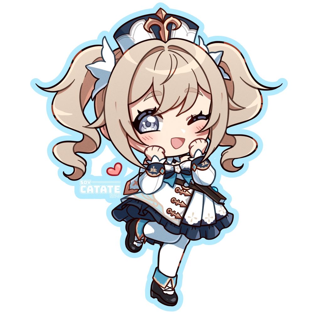 Chibi sticker of Barbara from Genshin Impact! She is hopping on one foot, while blinking an eye at the viewer with her characteristic charisma.