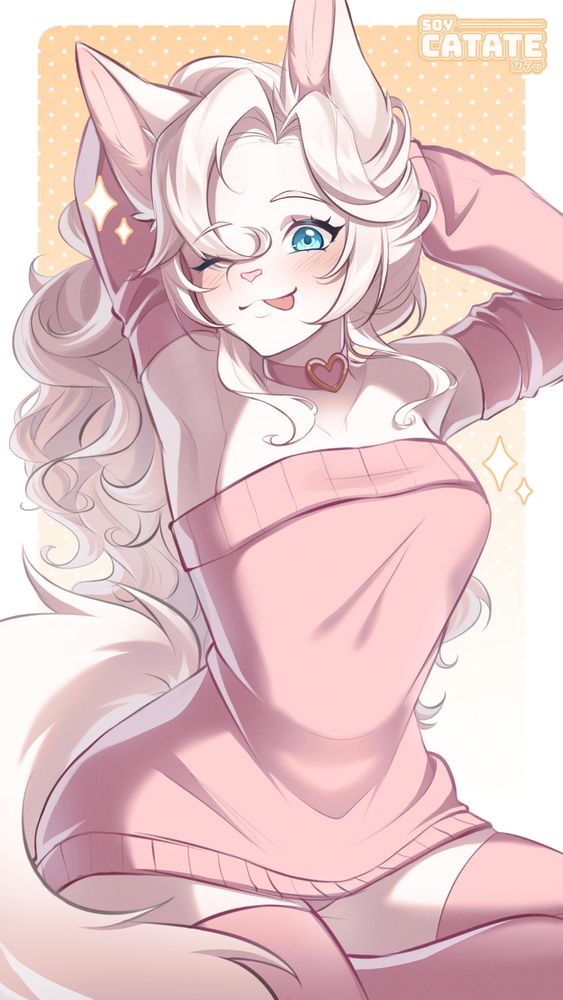 SurpriseMe! Sketch commission for SmolCewi on VGen! Featuring their character Lia! Lifting her hair up with her arms and giving the viewer a playful look with her tongue out and blinking her right eye. She's a full while furry, with bright blue eyes and full soft pink outfit.