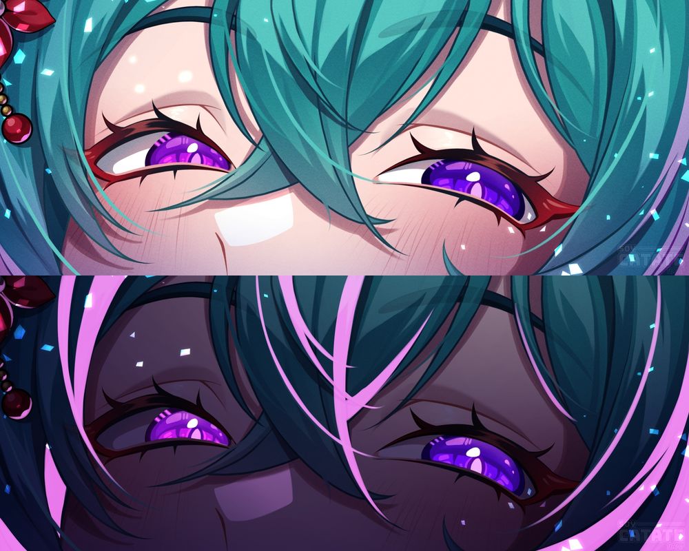 Eye banner commission for Megami_Hiko on VGen! Featuring their Vtuber avatar, giving a playful and subtly scary look to the viewer! All eye banners includes day and night themes!