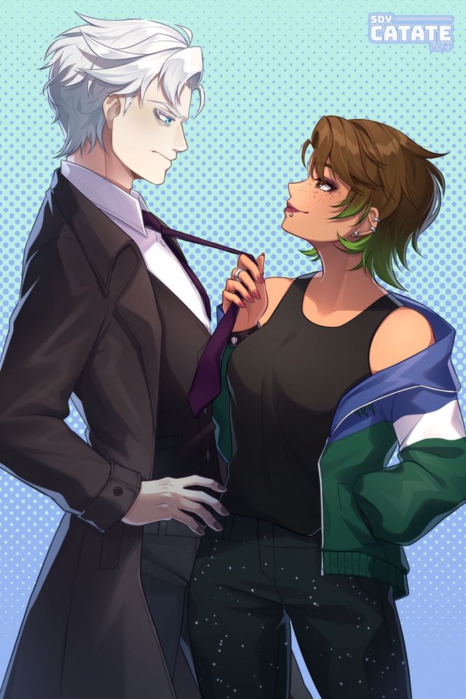 Custom illustration commission for iz_oxygen on Twitter/X! Featuring their characters, Vincent and Vermont.