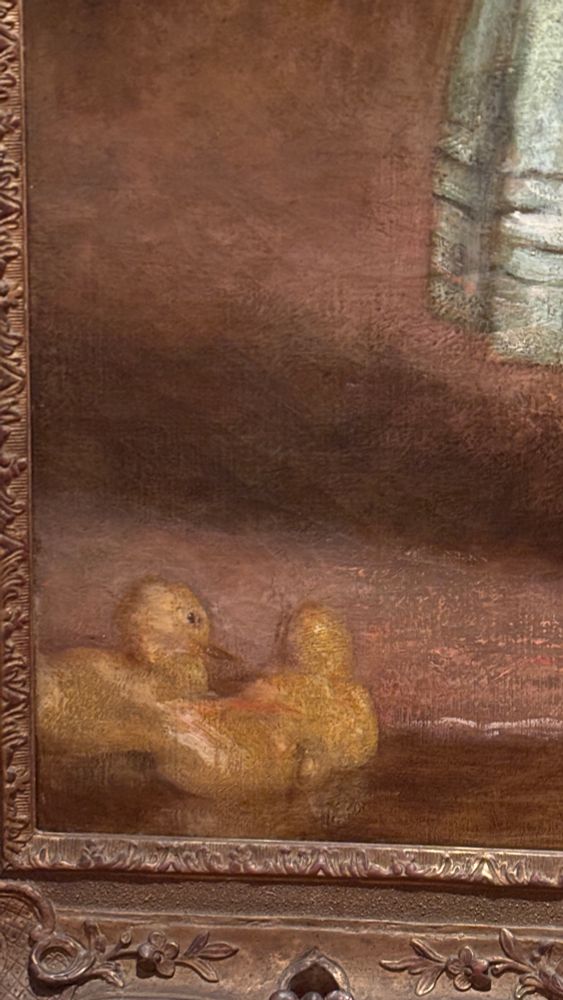 ジャン・エヴァリット・ミレイの絵画『あひるの子』（1889年作）の写真。作品左下のあひるを描いた部分のアップ。