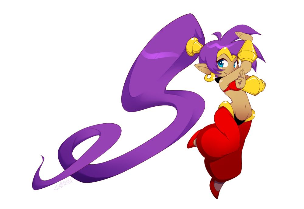 A fan image of Shantae, drawn by GuNMouTH.  Her hair flows through the air, forming an "S" shape.