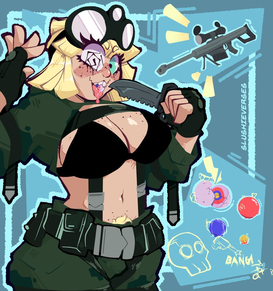 Her name is cap!! shes a white woman with blonde hair and freckles, wearing some sort of tactical gear. though it dosent really cover her more... intimate bits. shes wearing just a bra to cover her tits. sucking on a jaw breaker. and playing witha  rather large combat knife