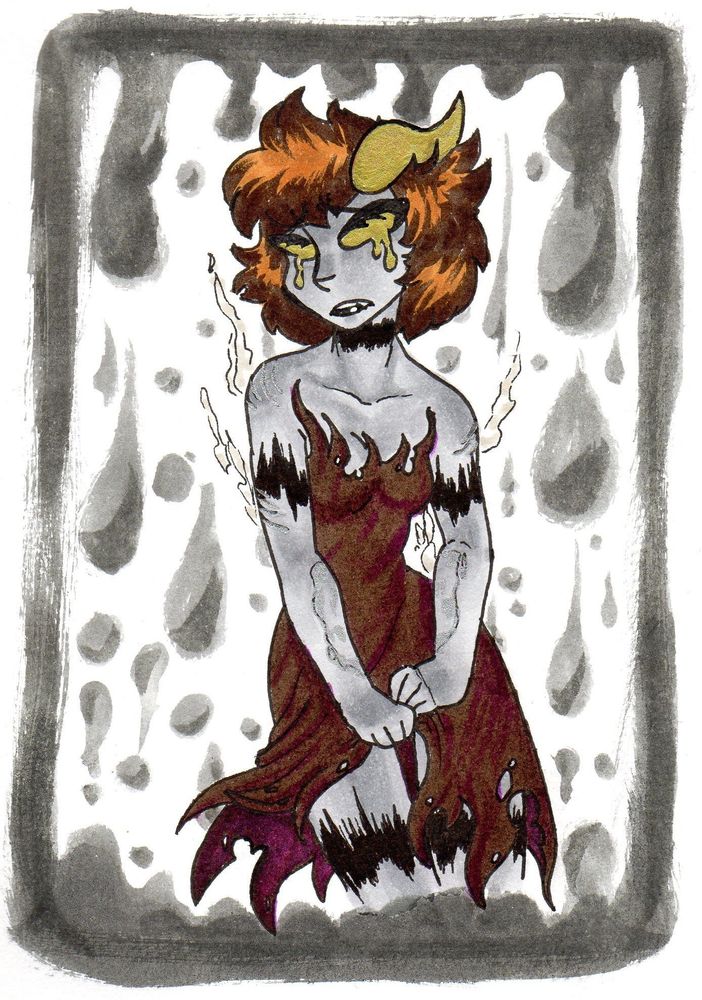 Fafnir Drakon, a yellow blood fantroll, weeping golden tears as a ghost. Steam is rising from her scars as she clutches her skirt. Her brown hair is flaring around her face. Her dress is sepia with fuschia undertones and has been burnt and torn on the edges. Black scratchy rings have appeared on her neck, arms, and thighs. Fat droplets of grey ink drip back and forth behind her.