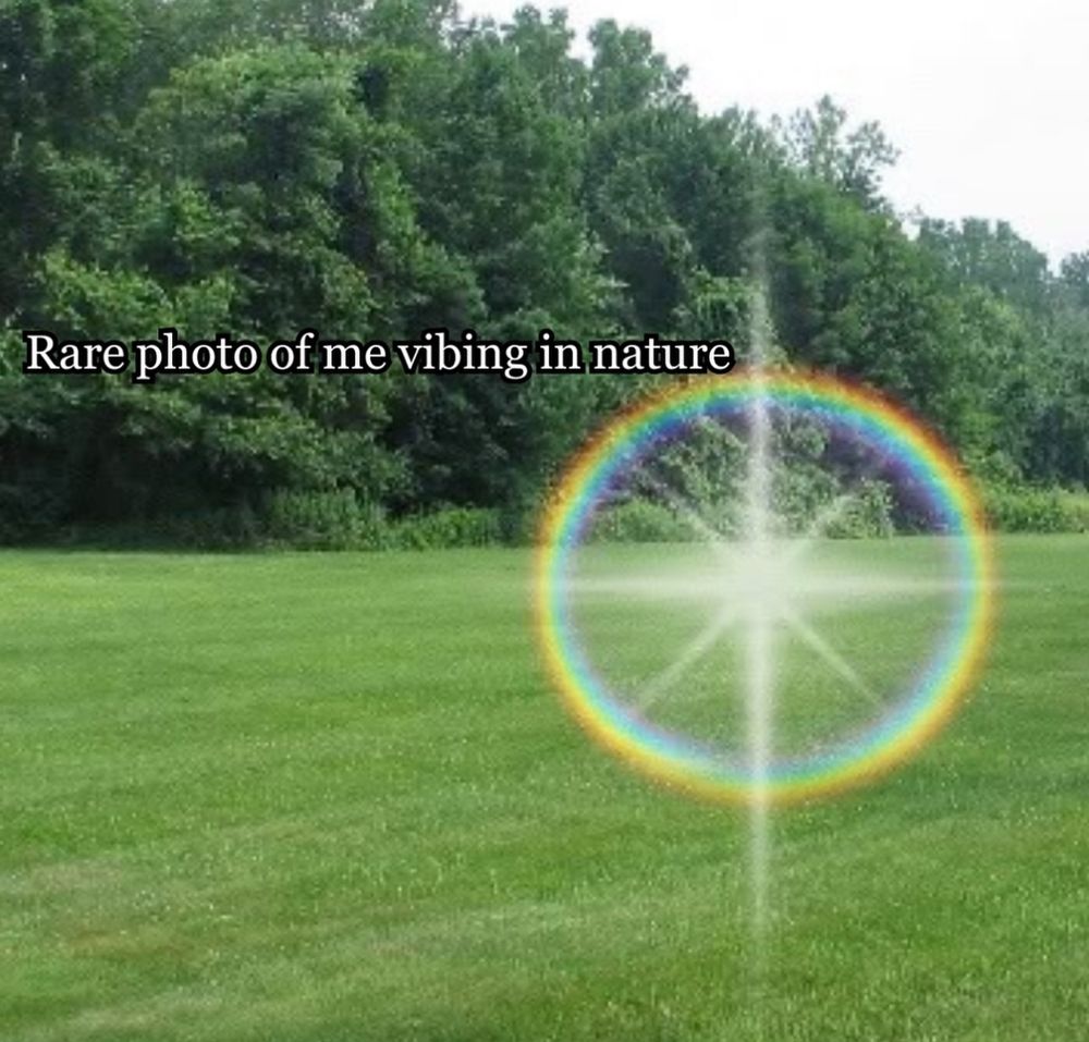 “Rare photo of me vibing in nature” a green field with a star shaped white light with a spherical rainbow around it