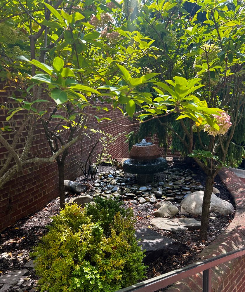 Small round water fountain with pebbles and larger rocks with small trees and green bushes surrounding it 