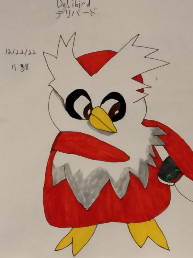 A Delibird reaching his right (wing? fin?) into his pouch with his eyes carefully focused to make sure he takes the right packages out. His name is written in English and katakana at the top with the date and time of the drawing beside his head to the left
