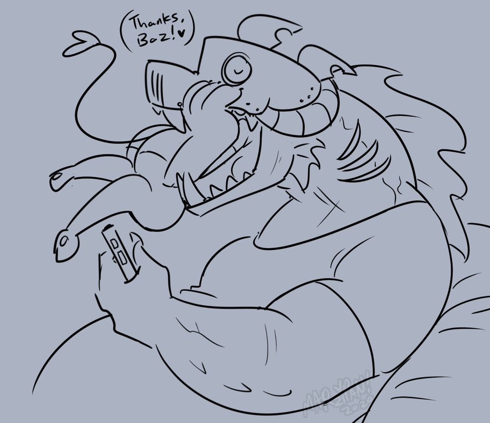 marzipan says "Thanks, Baz!" with a heart and climbs into his mouth. he's lowering his arm with the phone and opening his jaw wide, eyes closed as if this is a casual occurrence.