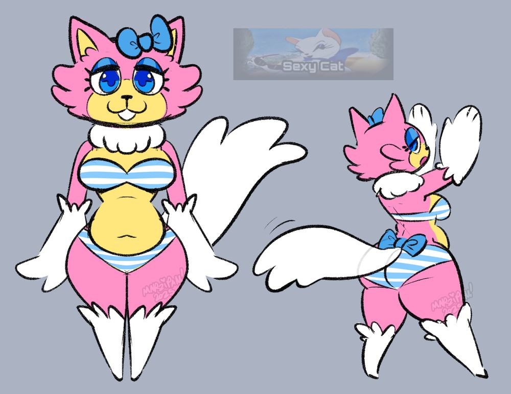 same sexy cat but wearing a light blue and white striped bikini