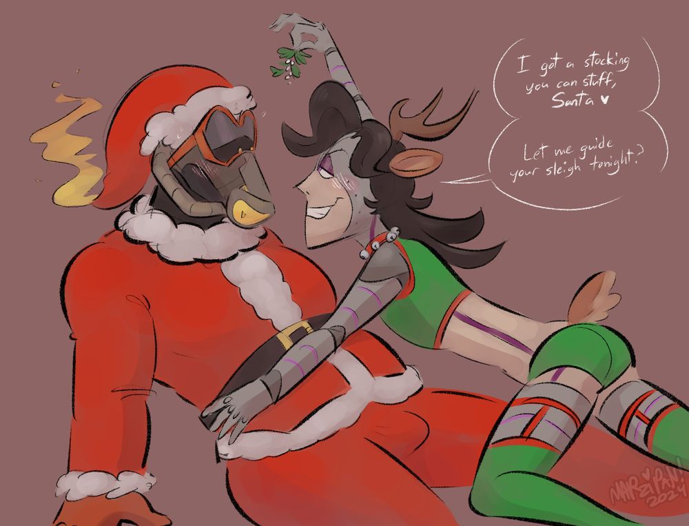 pace, wearing a slutty reindeer outfit, climbs on top of fire, whos laying down and wearing a santa suit and hat with a tail of flame at the end. pace's outfit consists of reindeer ears, antlers, and a tail, along with a green crop top with red trim, green underwear, a red collar with jingle bells, and green stockings with red garters. pace is holding up a sprig of mistletoe, a smug grin on his face as he looks at fire, who's blushing and has a boner. pace is saying "I got a stocking you can stuff, Santa. Let me guide your sleigh tonight?"