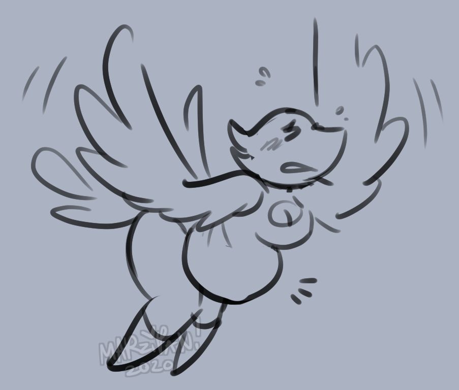 soleil trying to use her wing arms to fly with a big pregnant belly. she looks flustered like she's trying really hard to fly with the weight.