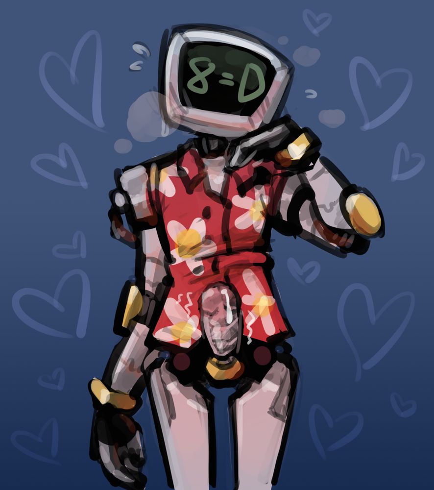 halfbody rendered drawing of calc you lester from mon. ster. prom, with his robot cock out and a dick symbol displayed on his face. he's overheating with a hand near his face, "blushing" and "sweating".