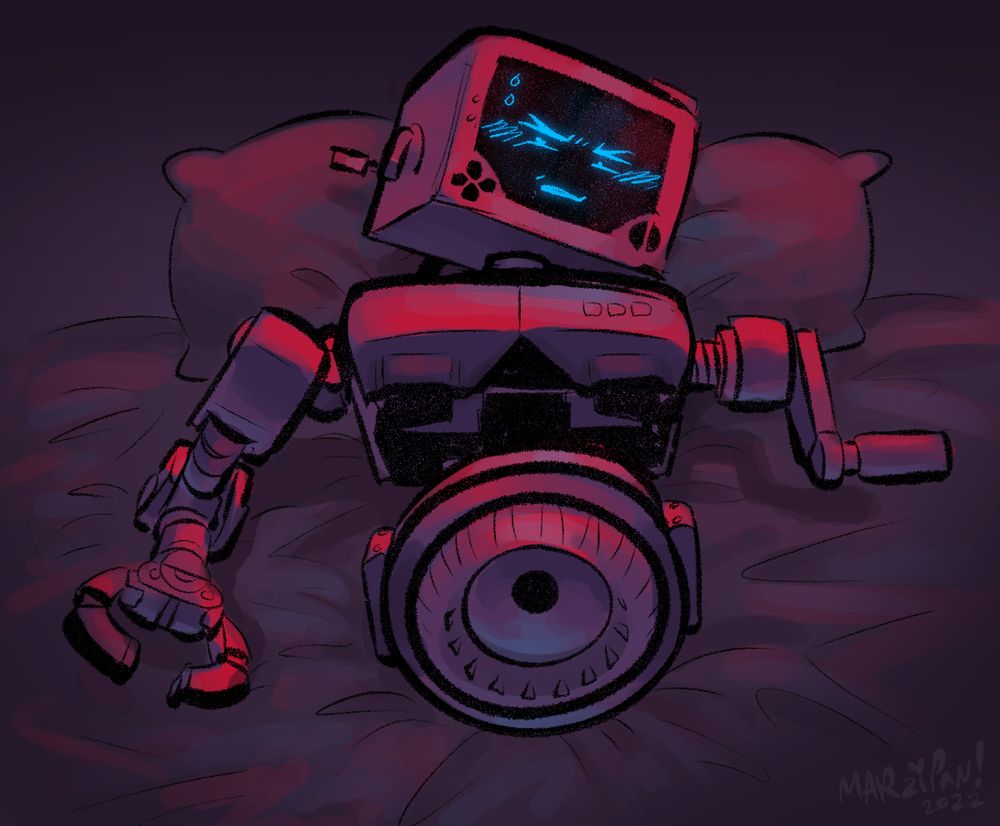 p zero three from in script shun, lying back on a bed and pillows while looking at the viewer, lit in moody red and cyan lighting. his expression is unsure, a bit perturbed and maybe even embarrassed, as the hole of his jet lays exposed